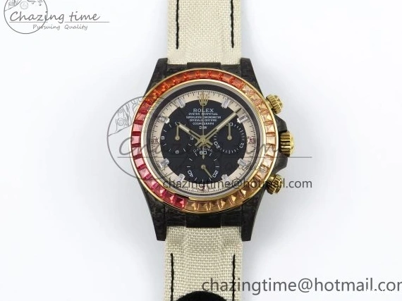 MiroTime 0513 Refined Daytona DIW Carbon Case DIWF Edition Black White Dial Orange Diamonds Bezel on White Nylon Strap A 1668